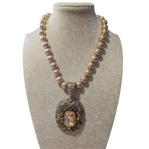 Heidi Daus Rhinestone Faux Pearl Statement Necklace 17.5" Large Pendant